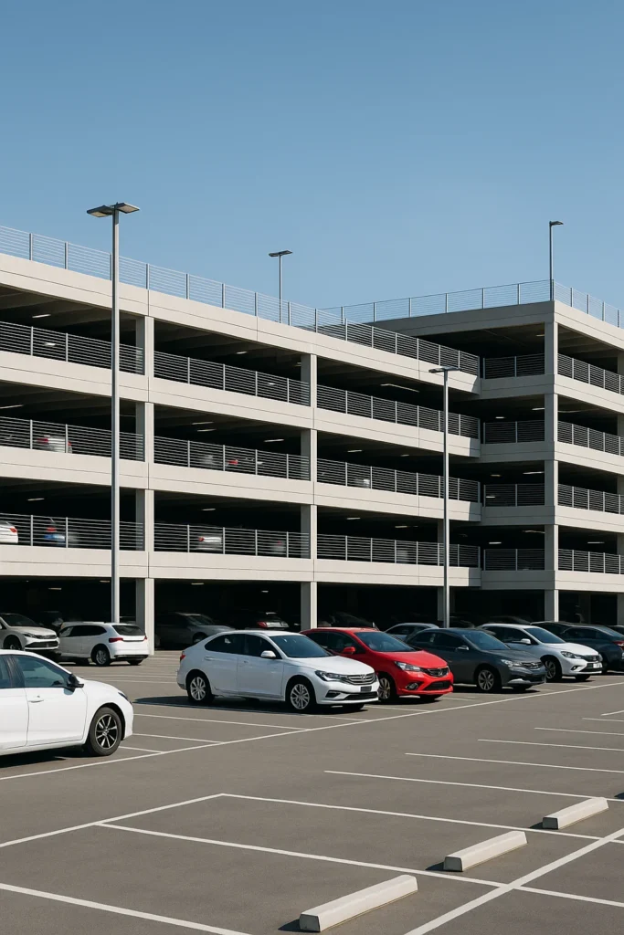 Billede af et udendørs parkeringshus med flere parkeringspladser og biler parkeret. Bygningens flere etager er synlige med rækværk langs hver etage. En klar blå himmel fylder baggrunden.