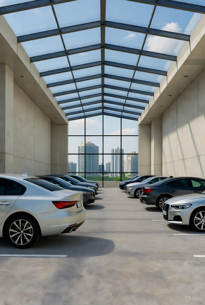 Et moderne smart parkeringsområde indendørs med et glasloft, der giver naturligt lys, store vinduer med udsigt til en bysilhuet, og flere moderne biler parkeret i pænt markerede pladser på begge sider af en midtergang.