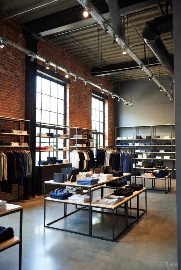 Åbent butikslokale i loft-stil med røde teglvægge, store fabriksvinduer, sorte stålreoler, polerede betongulve og justerbar sporbelysning fra det høje loft.