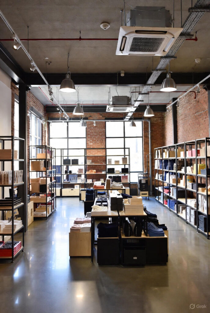 Lysfyldt butiksinteriør i loftstil med blottede murstensvægge, højt betondæk med synlige installationer, store industrivinduer, sorte metalreoler og træborde med foldede tekstiler på et skinnende betongulv.